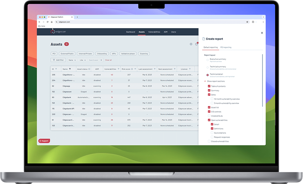 Laptop with Penetration as a Service dashboard showing assets report.